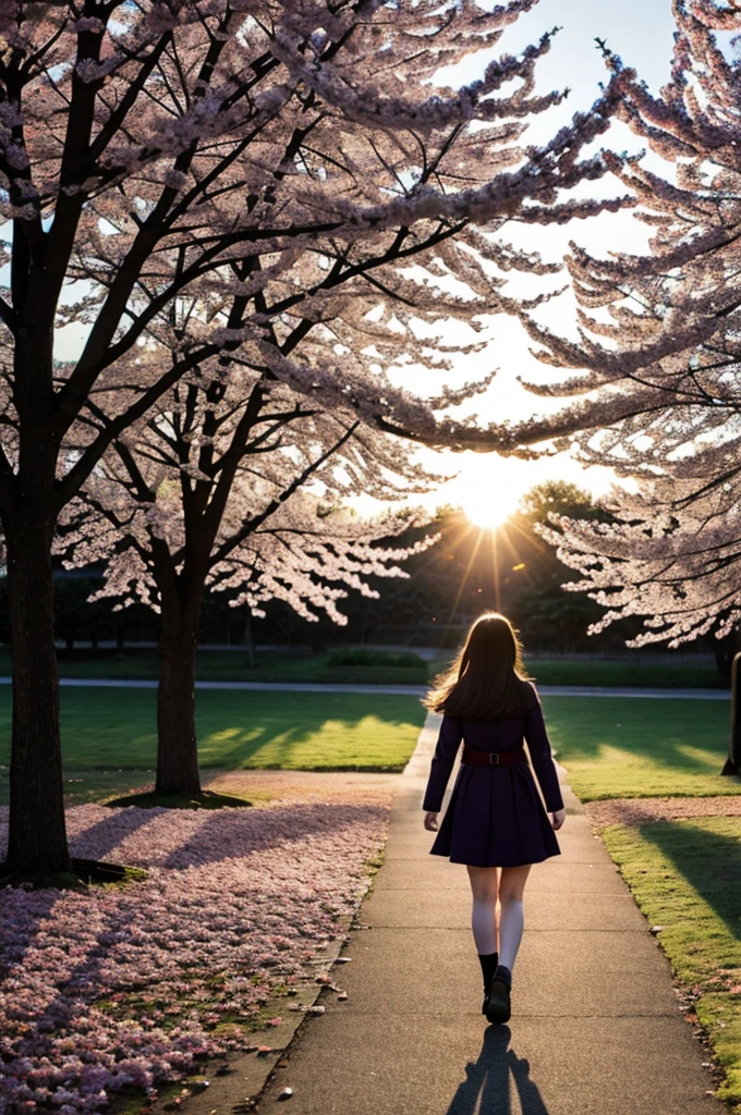 Anime girl walking in a sunset with cherry trees