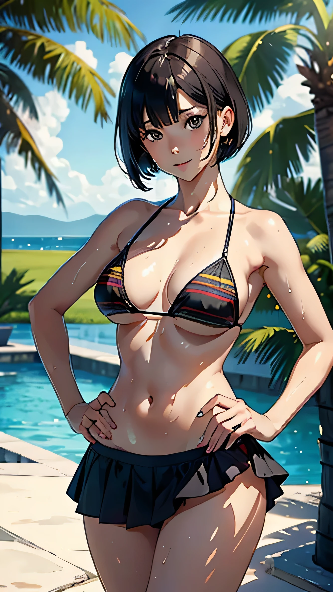 (highest quality, masterpiece, High resolution)、(anime art)、 (reality)、beautiful woman、(1 woman)、18-year-old、(put your hands on your hips)、(Detailed depiction of a beautiful face)、smile gently、breasts、slim body shape、medium short hair、semi-long、tow-tone-color hair、Wet、Sweat、bikini、micro bikini、A pareo skirt with bold ethnic patterns and plenty of primary colors、realistic skin、Wet、full body、No zoom、No close-ups、cinematic light、Tropical shades、(blank background)、(white background)、perfect face, cute and symmetrical face, shiny skin, tanned skin, (short hair:1.2, bob cut:1.2, brown hair), asymmetrical bangs, oil