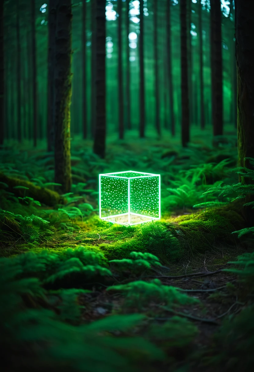 Glowing square shape in forest, depth of field