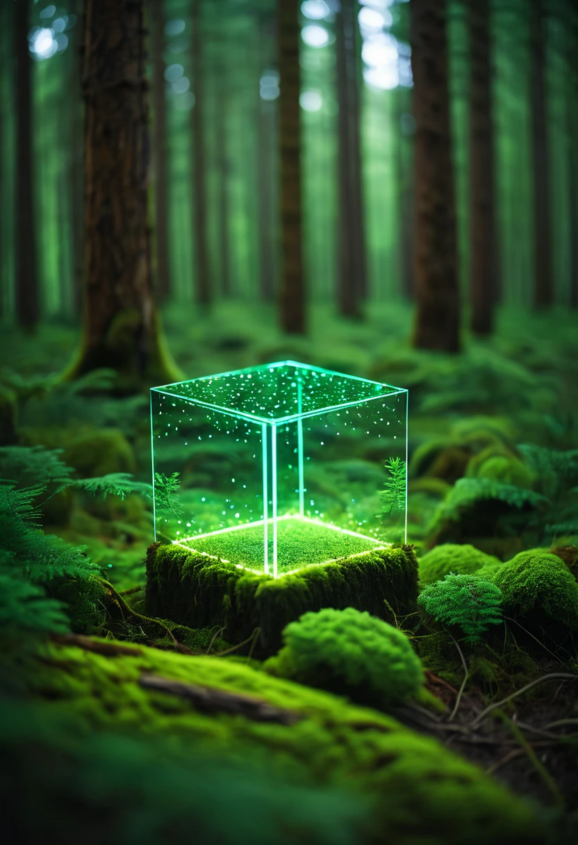 Glowing square shape in forest, depth of field
