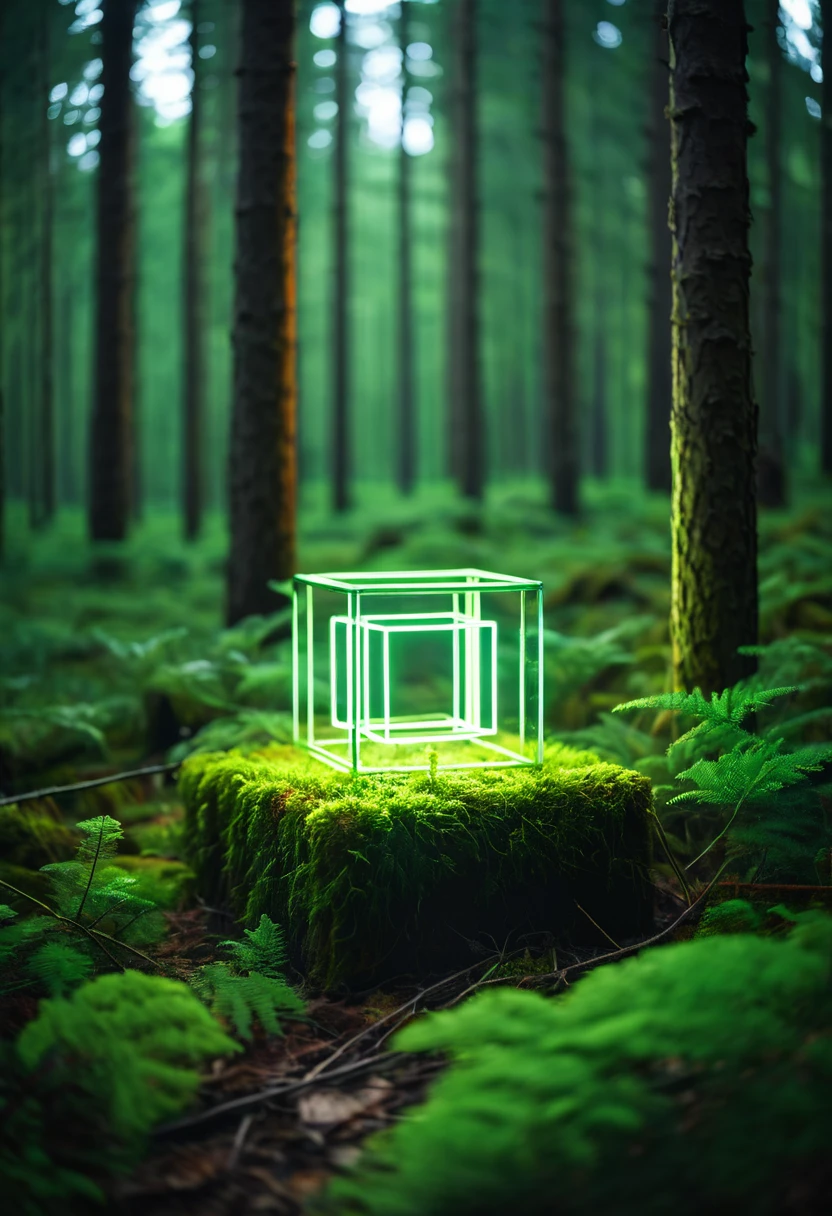 Glowing square shape in forest, depth of field