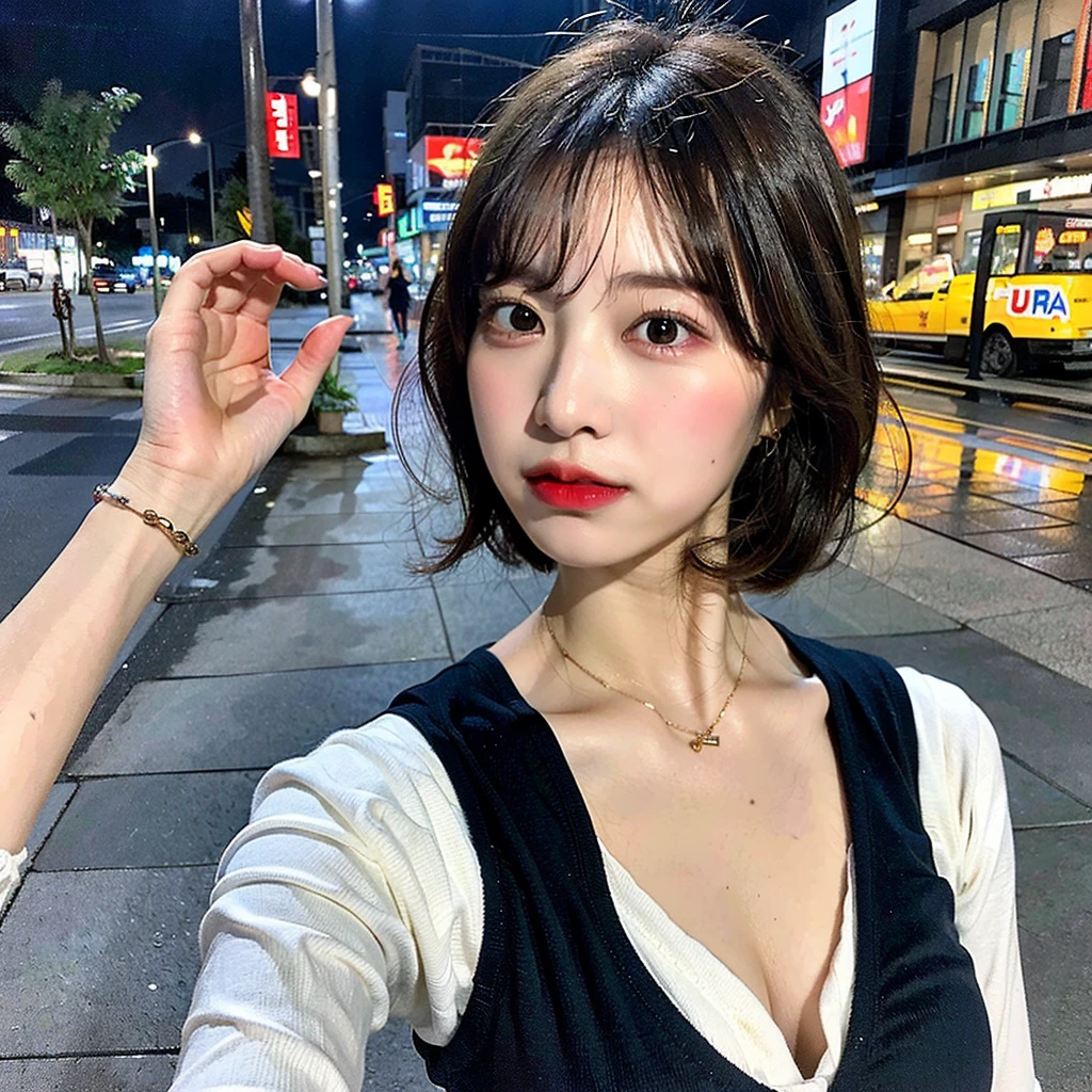 (Highest quality, 8K, 32k, masterpiece, Ultra-high resolution: 1.2), Cute Japanese Women Photos, Very short bob hair, whole body, Extra Large_one piece, necklace, Simple Background, From above, Observe your audience,(Cinematic aesthetics:1.4) Bokeh urban night photo of a beautiful fashion model