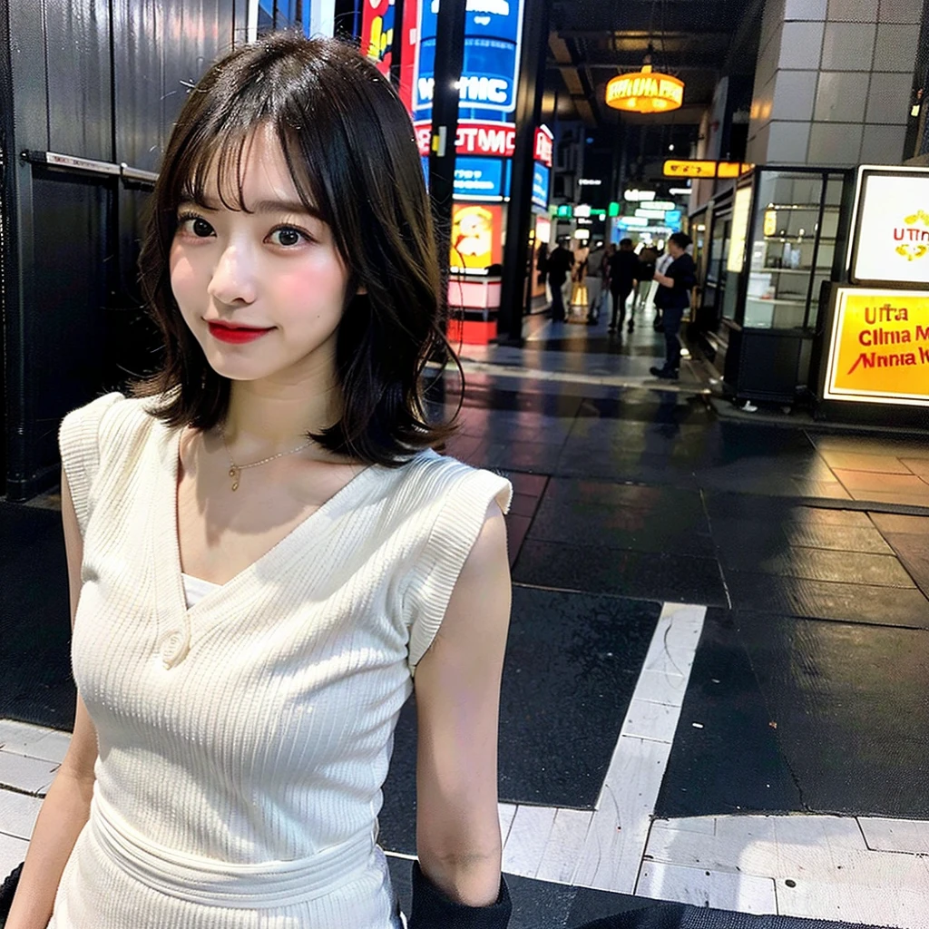 (Highest quality, 8K, 32k, masterpiece, Ultra-high resolution: 1.2), Cute Japanese Women Photos, Very short bob hair, whole body, Extra Large_one piece, necklace, Simple Background, From above, Observe your audience,(Cinematic aesthetics:1.4) Bokeh urban night photo of a beautiful fashion model