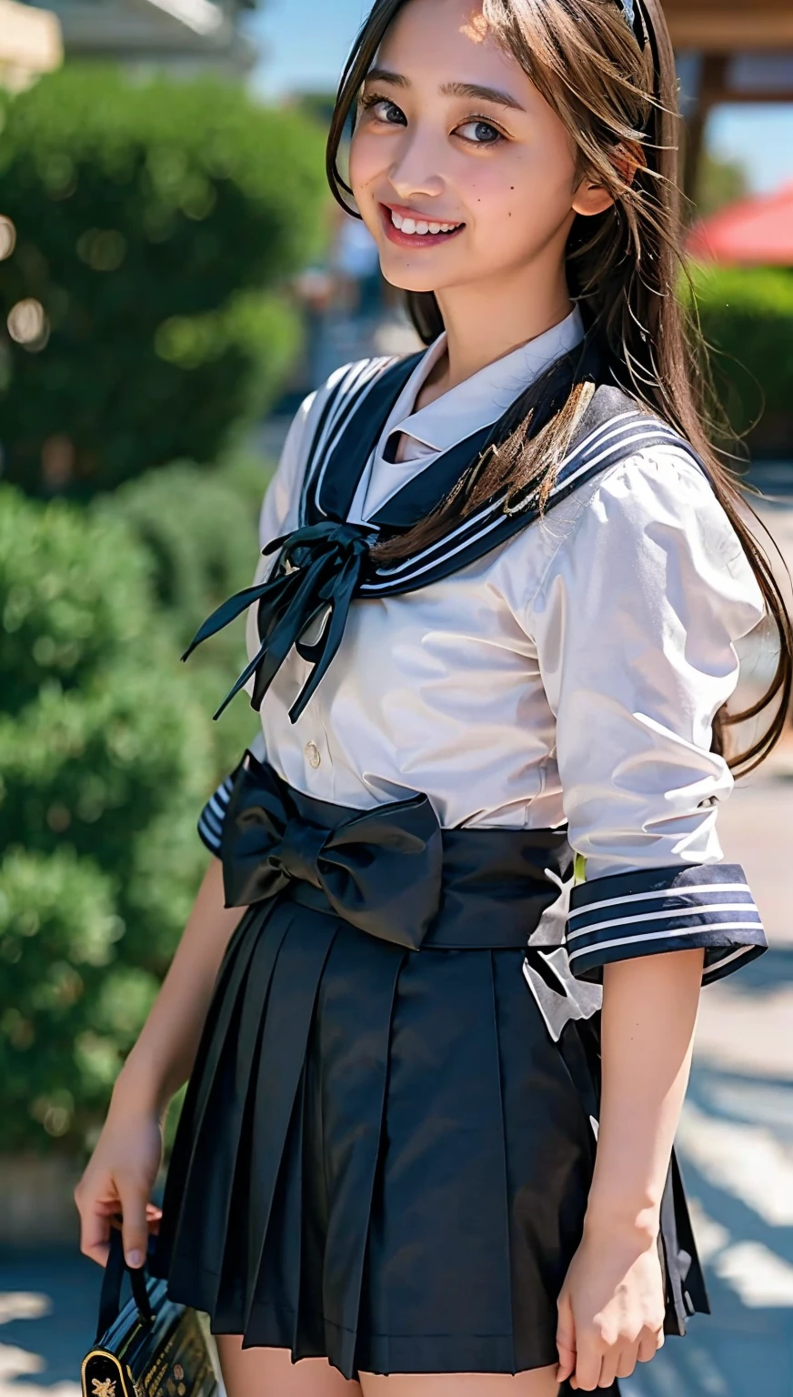 (((cowboy shot))),Ultra-high resolution,big eyes,((brown eyes)),Japanese,(forehead),(a girl),(1 girl),(()),(cute),pretty,((facing at viewer)),arms behind back,grin,(((black school sailor uniform))),pleated skirt,(((disney land)))