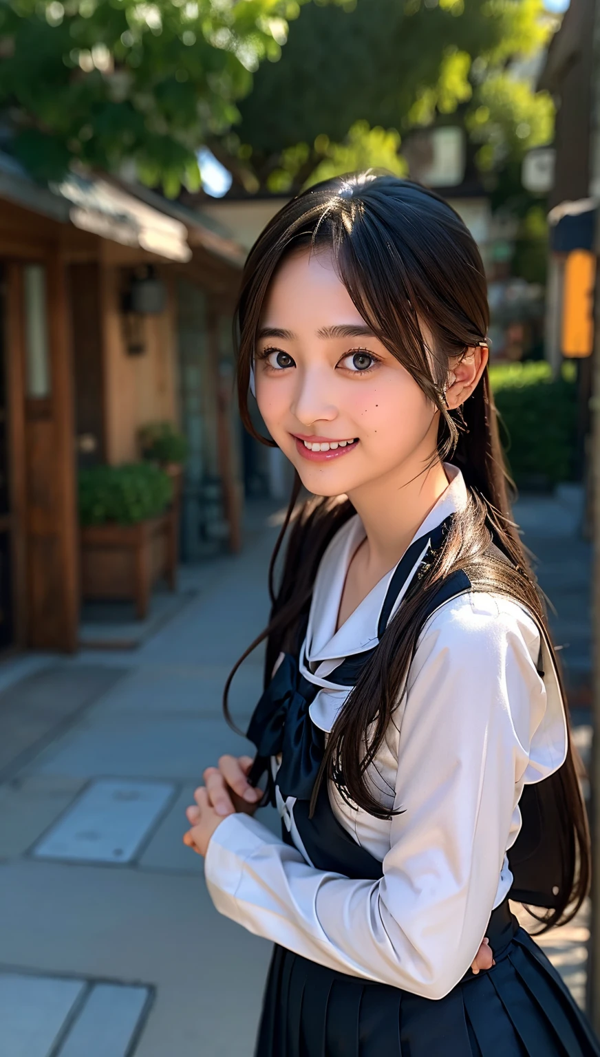 (((cowboy shot))),Ultra-high resolution,big eyes,((brown eyes)),Japanese,(forehead),(a girl),(1 girl),((17 years old)),(cute),pretty,((facing at viewer)),arms behind back,grin,(((black school sailor uniform))),pleated skirt,(((disney land)))