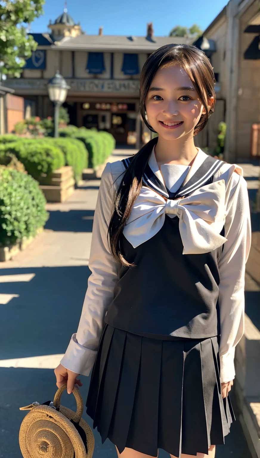 (((cowboy shot))),Ultra-high resolution,big eyes,((brown eyes)),Japanese,(forehead),(a girl),(1 girl),((17 years old)),(cute),pretty,((facing at viewer)),arms behind back,grin,(((black school sailor uniform))),pleated skirt,(((disney land)))