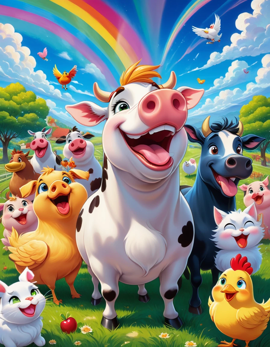 A vibrant and humorous scene with a group of laughing anime-style characters surrounding a comically exaggerated cow, pig, horse, dog, cat and chicken with spiraled eyes and a large, drooling tongue. The characters display various expressions of amusement, some pointing and laughing, others covering their mouths. The background features a bright, colorful sky with radiant sun rays, blossoming cherry trees, and a rainbow. The setting appears to be a park or outdoor area with lush green grass. The characters wear casual modern clothing, with vivid colors and detailed textures. The overall style is highly saturated, energetic, and cartoonish, capturing a fun and playful atmosphere.