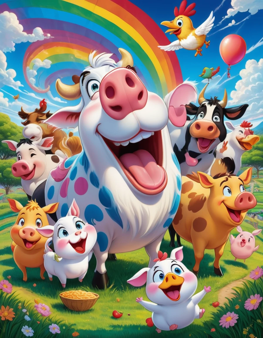 A vibrant and humorous scene with a group of laughing anime-style characters surrounding a comically exaggerated cow, pig, horse, dog, cat and chicken with spiraled eyes and a large, drooling tongue. The characters display various expressions of amusement, some pointing and laughing, others covering their mouths. The background features a bright, colorful sky with radiant sun rays, blossoming cherry trees, and a rainbow. The setting appears to be a park or outdoor area with lush green grass. The characters wear casual modern clothing, with vivid colors and detailed textures. The overall style is highly saturated, energetic, and cartoonish, capturing a fun and playful atmosphere.