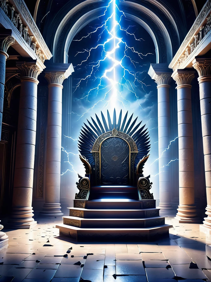 A grand throne in an ancient castle, adorned with intricate silver carvings. Lightning bolts crackle around the throne, illuminating the room with a blinding brightness. Rumbling explosions of thunder reverberate through the structure, creating an atmosphere of awe and mystery