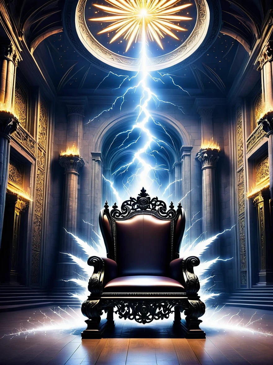 A grand throne in an ancient castle, adorned with intricate silver carvings. Lightning bolts crackle around the throne, illuminating the room with a blinding brightness. Rumbling explosions of thunder reverberate through the structure, creating an atmosphere of awe and mystery