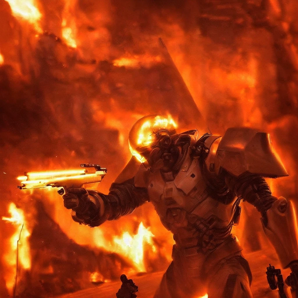 a close up of a person holding a gun near a fire, futuristic soldier, sci-fi soldier, futuristic battlefield, space soldier on mars with a gun, clothed in sci-fi military armor, fps game concept art, epic scifi character art, epic sci - fi character art, epic sci-fi character art, detailed sci-fi art, modern concept art