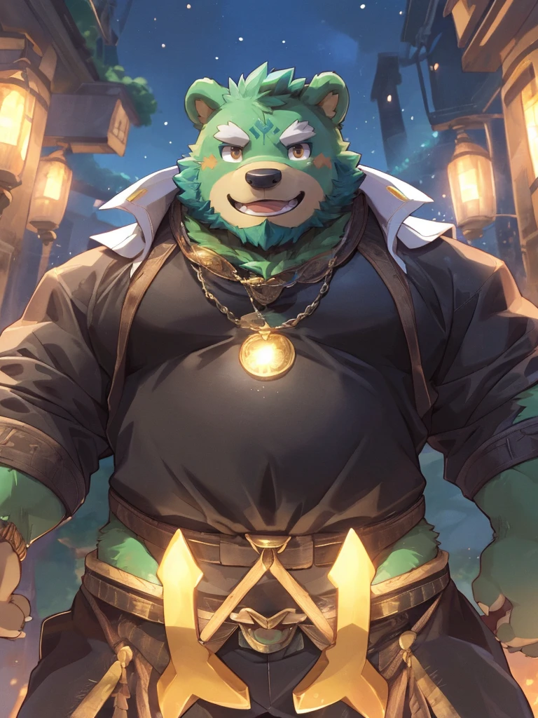 anthro, kemono, male, solo, ((round face, very plump face, thick beard)), (((dark beard))), ((endomorph body type, old-aged)), ((green bear, bear) fluffy fur, fluffy), (at old ruin, dungeons), bokeh, (high quality, highres, masterpiece), (dynamic lighting, vivid color), (generous smile), (face focus), front view (close up), cartoon, (((green bear))), (((green fur))), green hair, beard, white eyebrows, bald, detailed red eyes, tall, mage staff, magic, (black t-shirt inside), (((white unhooded trench coat ))), by zixiong, by takemoto arashi, by zixiong, (by null-ghost:0.8), (by t.y.stars:0.4), (((yellow bolt forehead)))