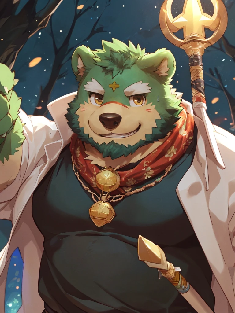 anthro, kemono, male, solo, ((round face, very plump face, thick beard)), (((dark beard))), ((endomorph body type, old-aged)), ((green bear, bear) fluffy fur, fluffy), (at old ruin, dungeons), bokeh, (high quality, highres, masterpiece), (dynamic lighting, vivid color), (generous smile), (face focus), front view (close up), cartoon, (((green bear))), (((green fur))), green hair, beard, white eyebrows, bald, detailed red eyes, tall, mage staff, magic, (black t-shirt inside), (((white unhooded trench coat ))), by zixiong, by takemoto arashi, by zixiong, (by null-ghost:0.8), (by t.y.stars:0.4), (((yellow bolt forehead)))