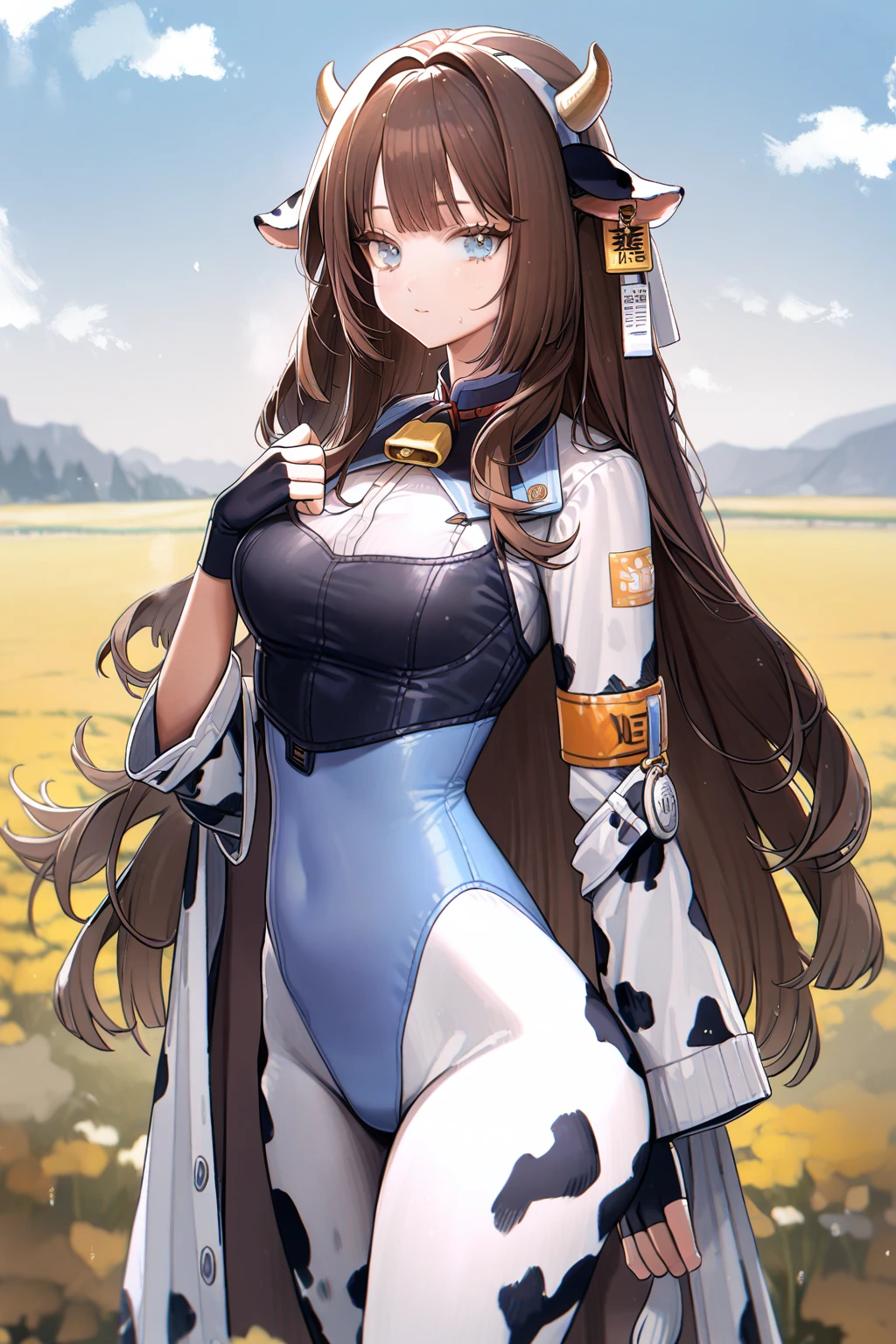 1 girl, CuteStyle, blue eyes, brown hair, long hair with bangs, flowing hair, dressed in leotard, cow print, cow ears, cow tail, fingerless black gloves, neckline, medium chest, large hips, standing outside in the middle of a field, day, beautiful clouds, sweat on all over the body, specks of dust in the air, looking at the viewer, background color, detailed, beautiful, delicate tone