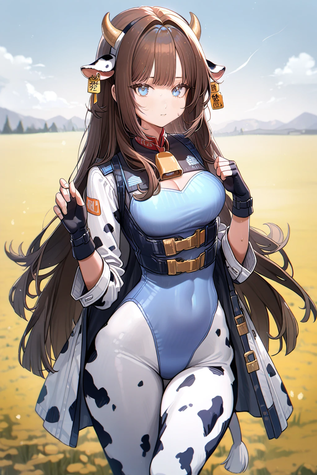 1 girl, CuteStyle, blue eyes, brown hair, long hair with bangs, flowing hair, dressed in leotard, cow print, cow ears, cow tail, fingerless black gloves, neckline, medium chest, large hips, standing outside in the middle of a field, day, beautiful clouds, sweat on all over the body, specks of dust in the air, looking at the viewer, background color, detailed, beautiful, delicate tone