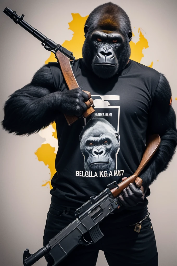 Gorilla holding an ak-47 with the Belgian national team t-shirt