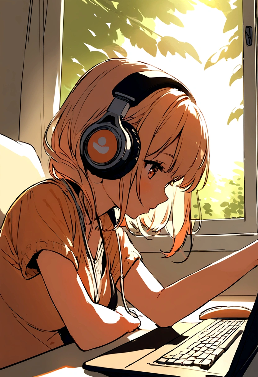 Study, computer, 20 year old girl, headphones, daytime, sunlight, summer,