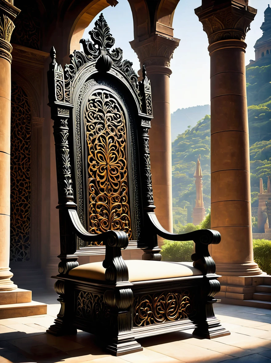 A detailed depiction of an intricate, enigmatic chair made of old, rusted iron with sharp, blade-like protrusions suggesting a throne. This throne is set upon a stark, stone pedestal within an ancient, regal palace. Dominating the background is a dramatic, sprawling, stone architecture, cloaked in deep shadows and dim, atmospheric, torch light. Note that the throne is to appear as if it has been used for around 12 years with clear signs of wear and tear