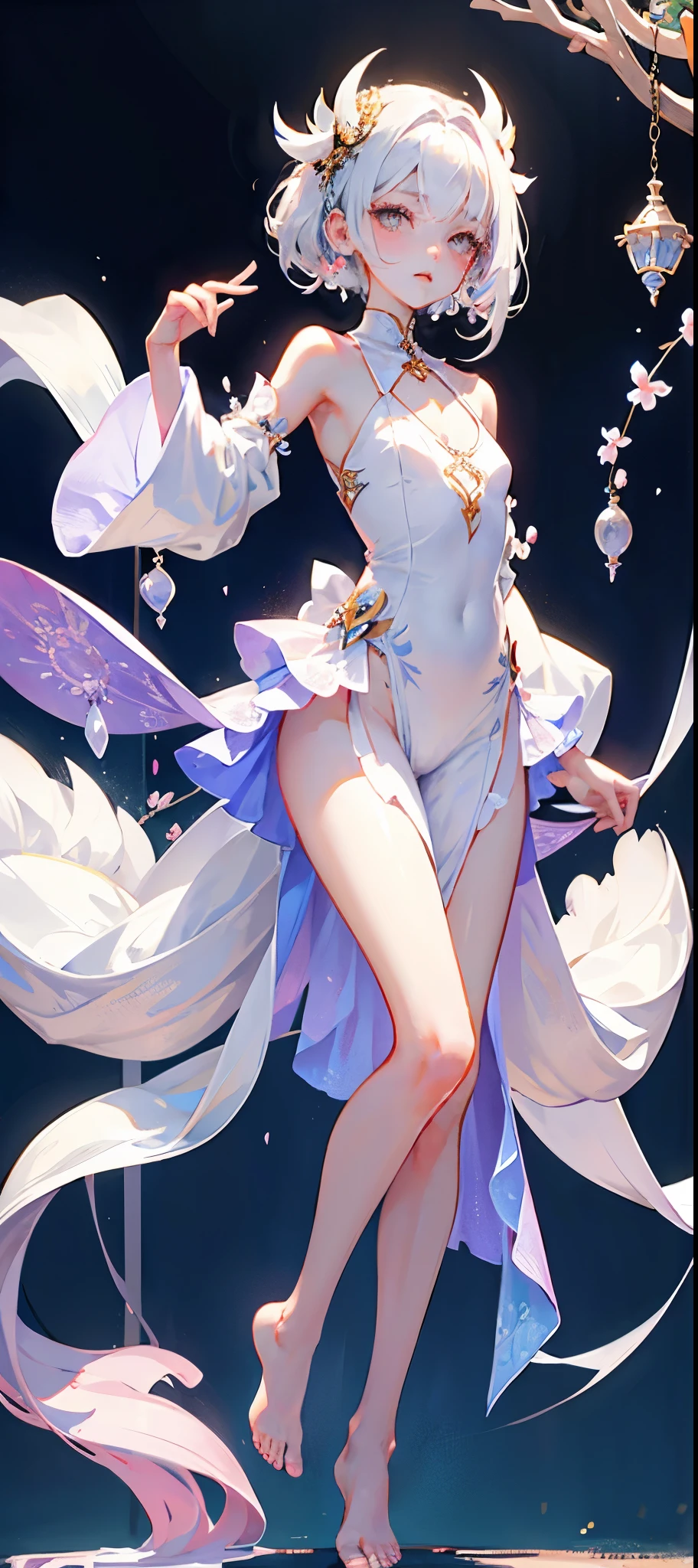A girl、symmetry,Daughter,whole body 女恋,Put your hands together and bloom,(Very detailed:1.1),((small :1.2))、The eyes are well drawn、Charming eyes、Double tail、Wear jewelry and pearls around your neck,Transparent openwork、Deep V、Crystal Pearls、在Wear jewelry and pearls around your neck,white hair, show your thighs, Bare shoulders, Show Clavicle, Yao Liu, barefoot,((whole body))、painful posture