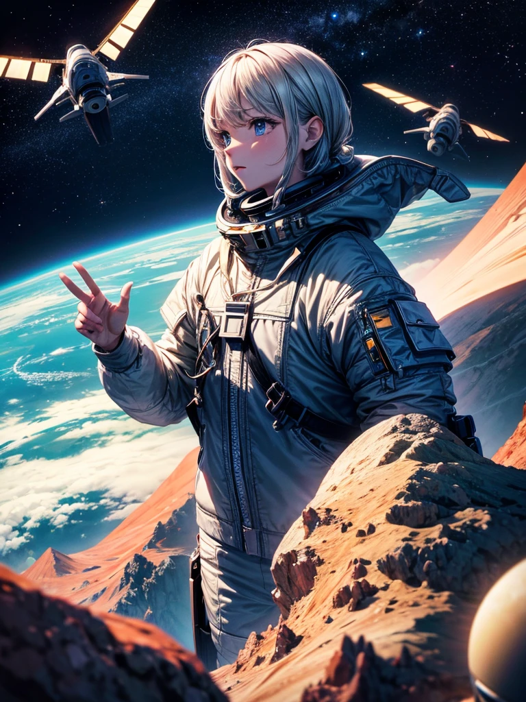 Highest quality,Highest Resolution,Android flying in space,Earth in the background,Spaceship,