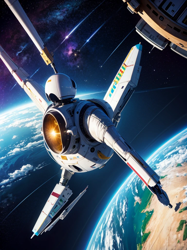 Highest quality,Highest Resolution,Android flying in space,Earth in the background,Spaceship,