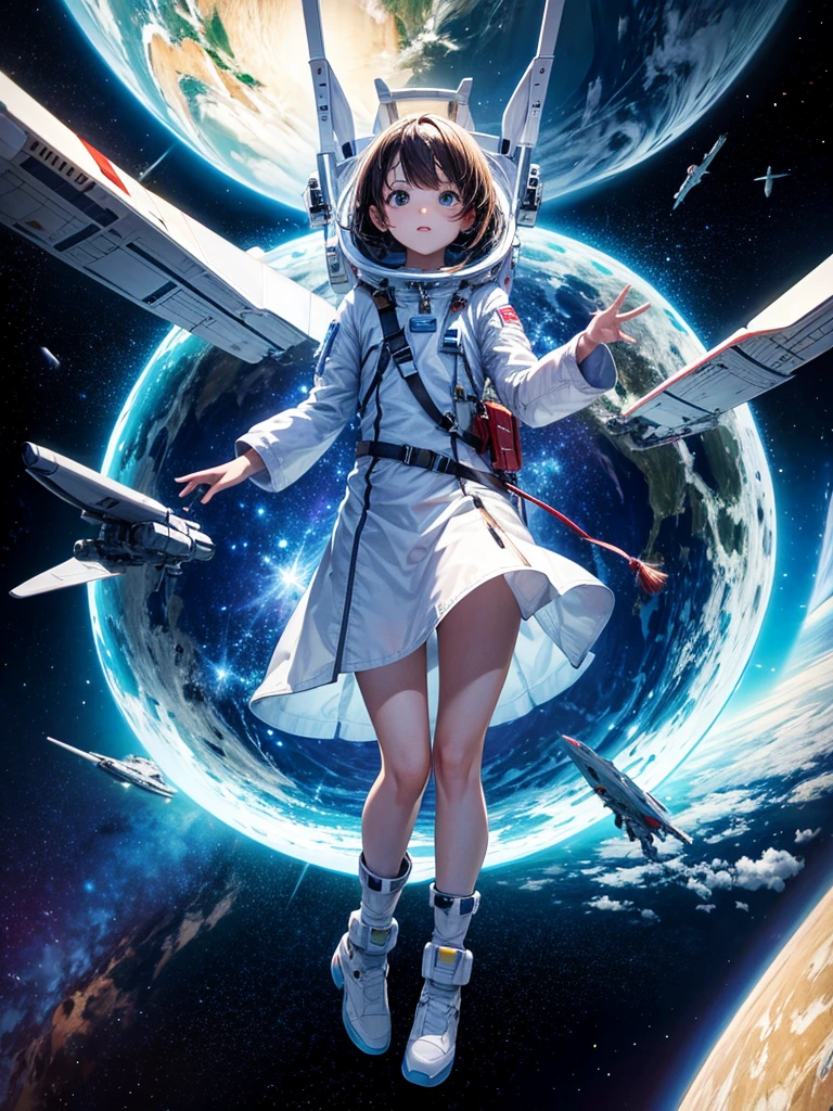 Highest quality,Highest Resolution,Android flying in space,Earth in the background,Spaceship,