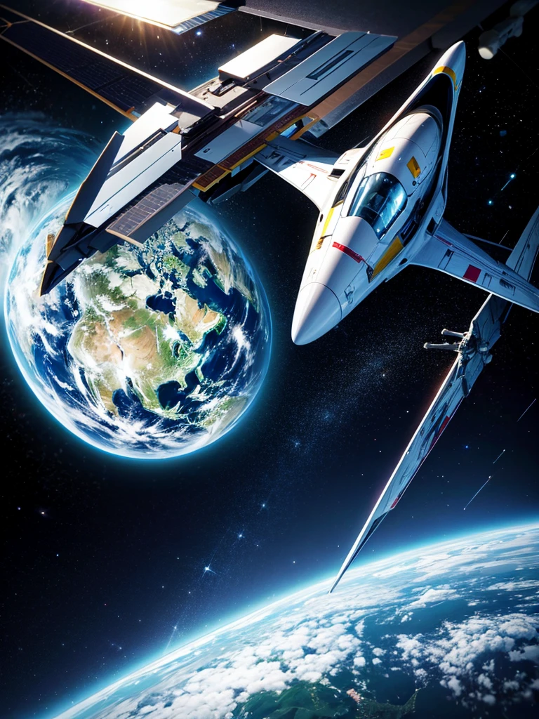 Highest quality,Highest Resolution,Android flying in space,Earth in the background,Spaceship,