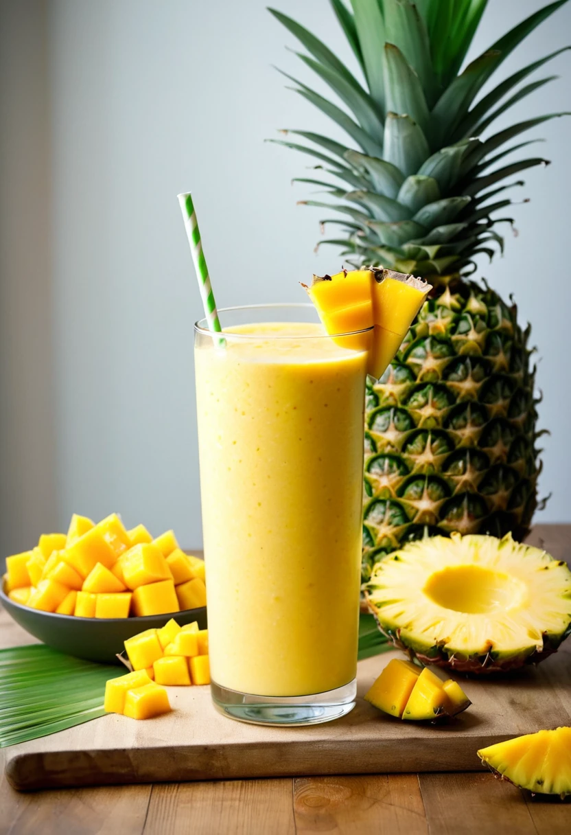RAW photo, mango pineapple smoothie, hot summer day, food photo, DSLR, mango chunks and pineapple slices garnish, soft lighting, high quality, film grain, Fujifilm XT