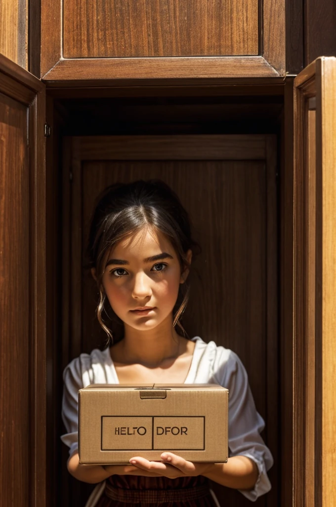 A box near a door and on the box it says "to help you maintain order and magic in your creations" and a girl looking at the box bewildered