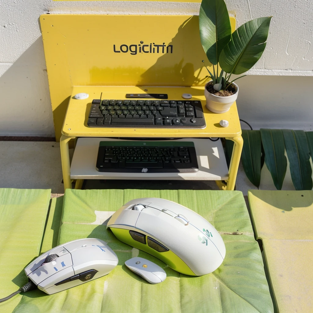 logitech computer mouse, Screen printed with a Thai food pattern, namely mango sticky rice, highlighted in yellow., white,and green, mouse placed on green banana leaf, minimalist image. Only 1 object.