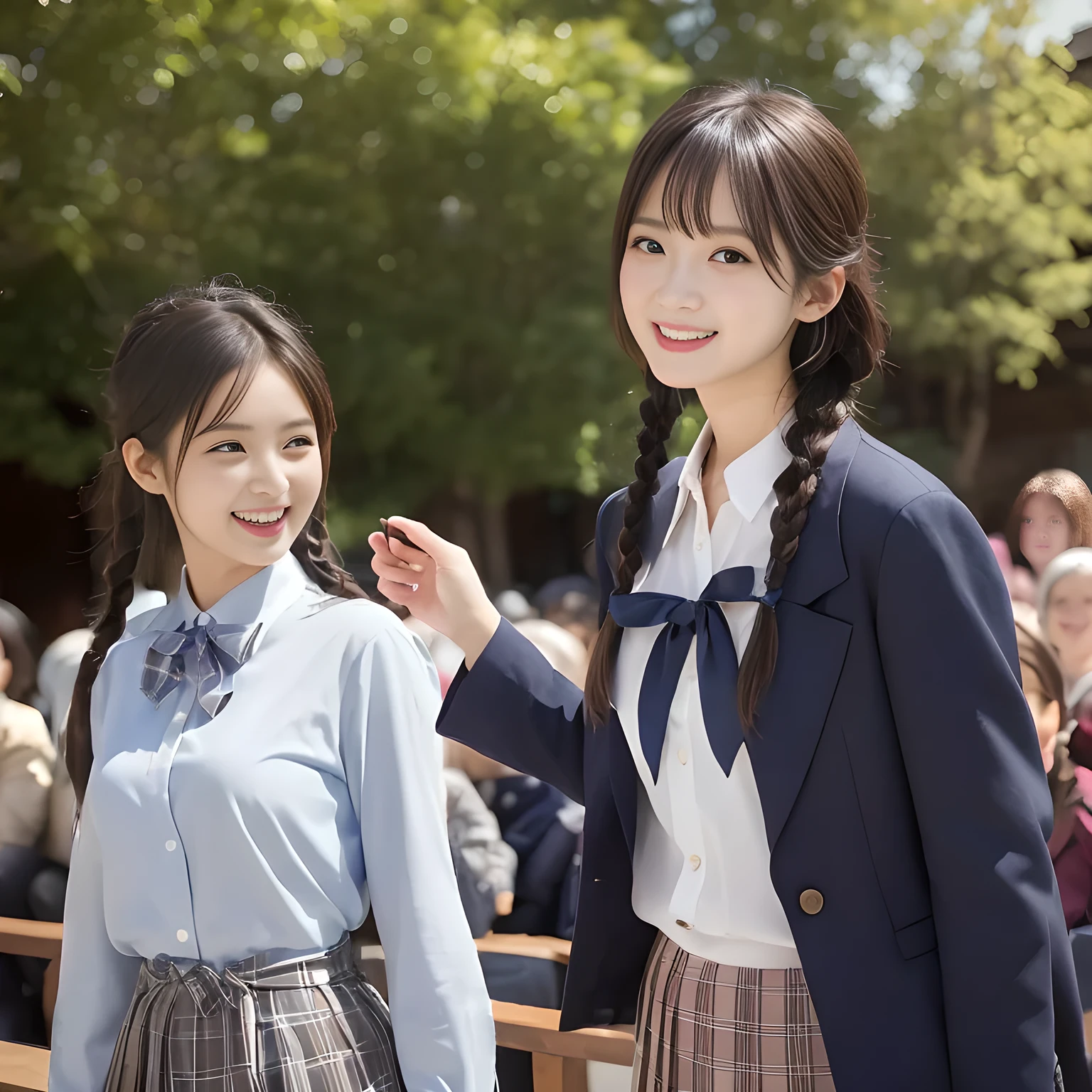 (highest quality, masterpiece:1.2), highest quality, High resolution, 1080P, 8K, Height: 158cm, ((A very intelligent, very noble, pretty and neat Japanese beautiful girl fashion model.１If a person is、Looking at the audience、Realistic fashion model profile)), ((((plump頬の白い顔)))), Glossy lips, (Evenly cut bangs), ((Very beautiful dark eyes)), The very large red shiny wide ribbon bowtie is very cute., ((Black Hair)), ((long twin braids)), (((A long, neat, dark navy blue checked pleated skirt))), (((A deep navy blue winter long-sleeve blazer that covers the skirt down to the waist))), How to wear a neat uniform, Very lustrous, glossy lips, Open hand over open mouth, Ribbon in hair, slender, The ribbon is big and very pretty., Beautiful hair like a hair model, Long skirt, Watching the viewer and laughing, ((Incredibly well organized、The expression is rich.、plump、Beautiful skin and face)), ((Pure and clear eyes)), ((laughing at me!))