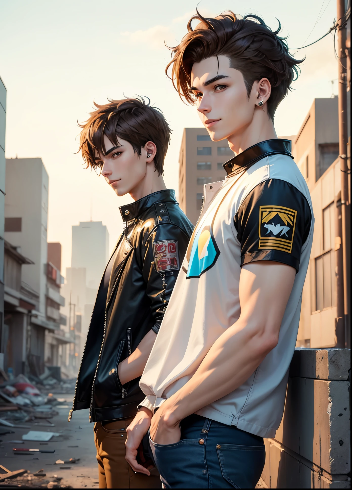 Anime guy, 21 years old, one guy alone, smiling expression, cyberpunk style Brown hair, shoulder length brown hair on right side, short brown hair smoothed back on left side, brown eyebrows, yellow eyes, white skin, metal stud earing, white shirt, biker blue jeans, standing in abandoned city