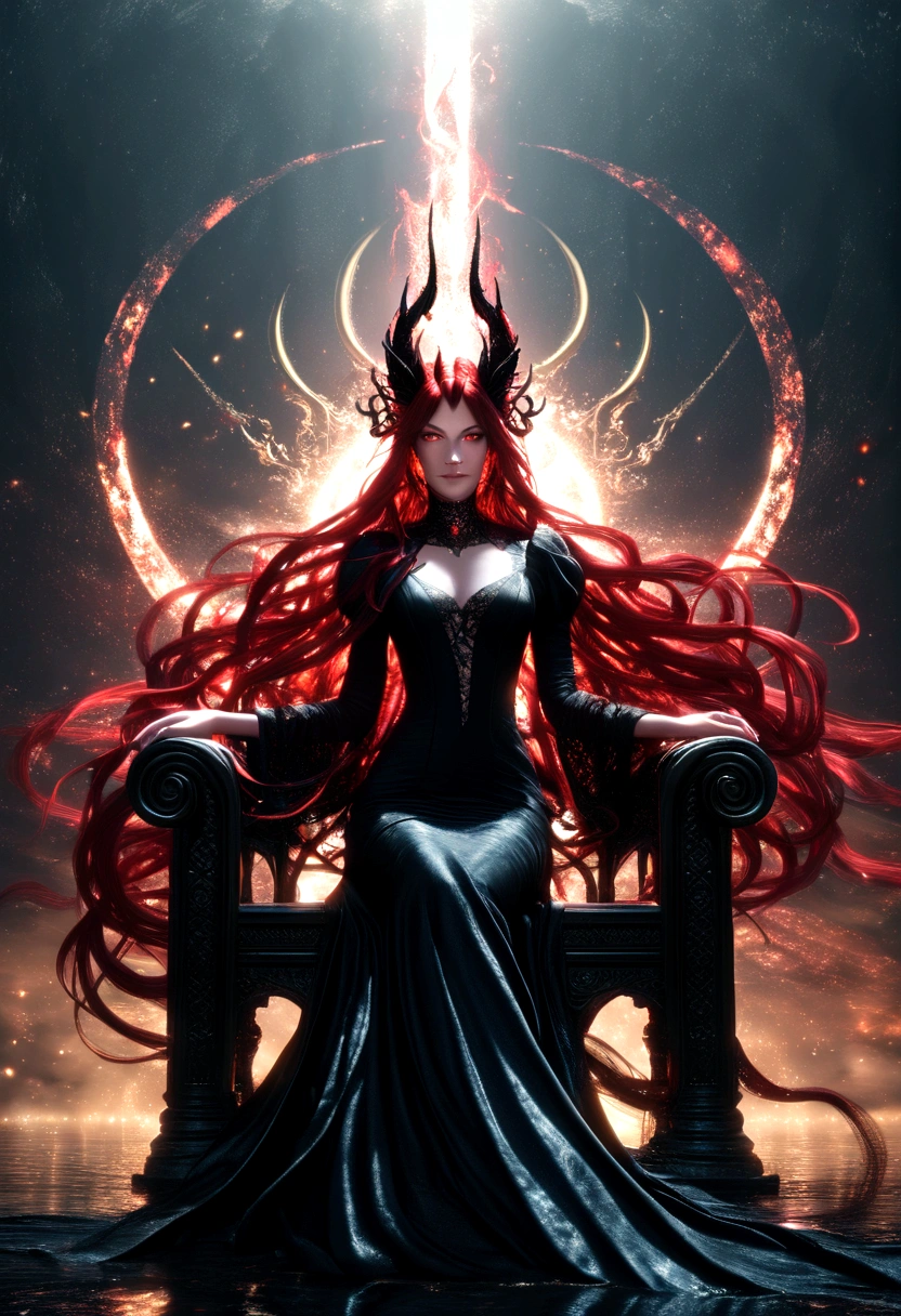 whole body, Solitary,A beautiful female demon, Sitting on the majestic throne of power, With red glowing eyes, Albinos with very pale skin, Long hair fluttering in the wind, Floating flame particles, Long flowing transparent black dress, (Long and complex horns:1.2) desolate, surreal fantasy, at night, Geometric abstract art, fantasy, detailed, (Rim Light, Side lighting:1.4), Bokeh, 4K
