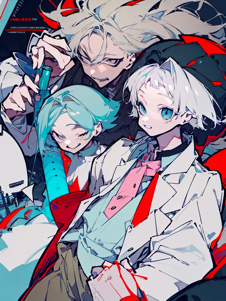 The mad scientist stands confidently with a manic grin, holding a test tube, while the playful and caring girl leans casually against him, smiling with amused affection. They are surrounded by scientific equipment, highlighting their shared hobby of learning. Both character has short and fluffy hair.