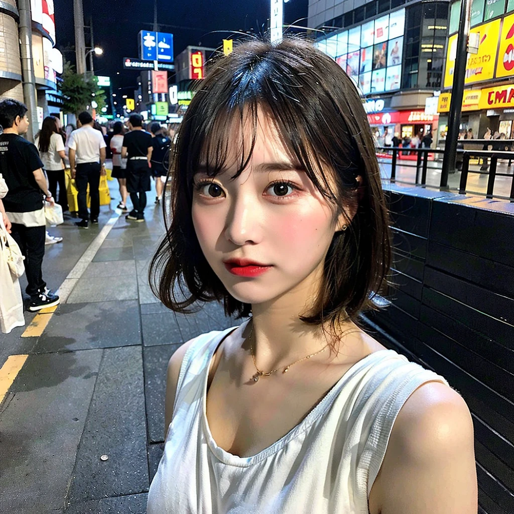 (Highest quality, 8K, 32k, masterpiece, Ultra-high resolution: 1.2), Cute Japanese Women Photos, Very short bob hair, whole body, Extra Large_one piece, necklace, Simple Background, From above, Observe your audience,(Cinematic aesthetics:1.4) Beautiful fashion model blurred Shibuya night photo