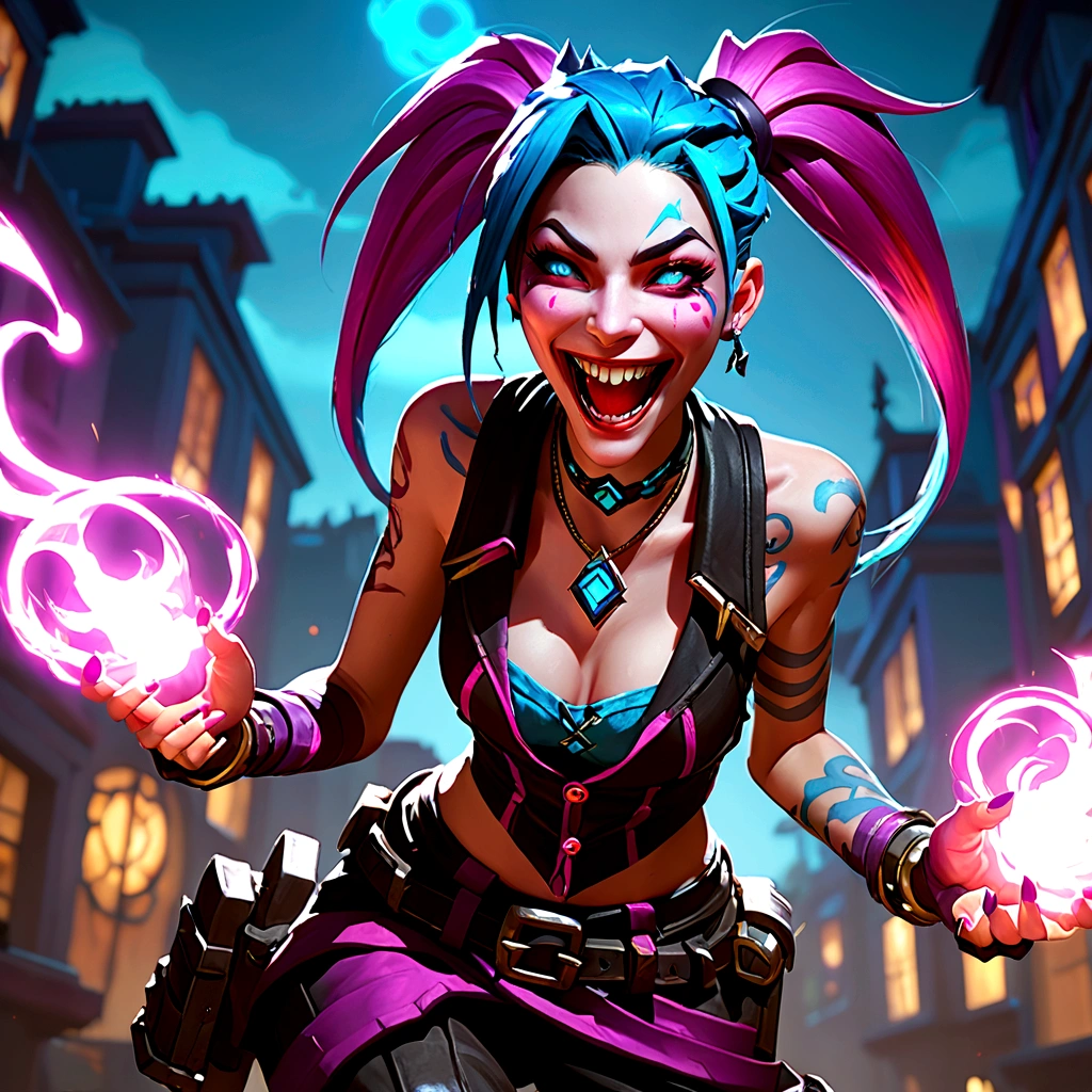 Jinx from league of legends in an action pose with a maniacal grin