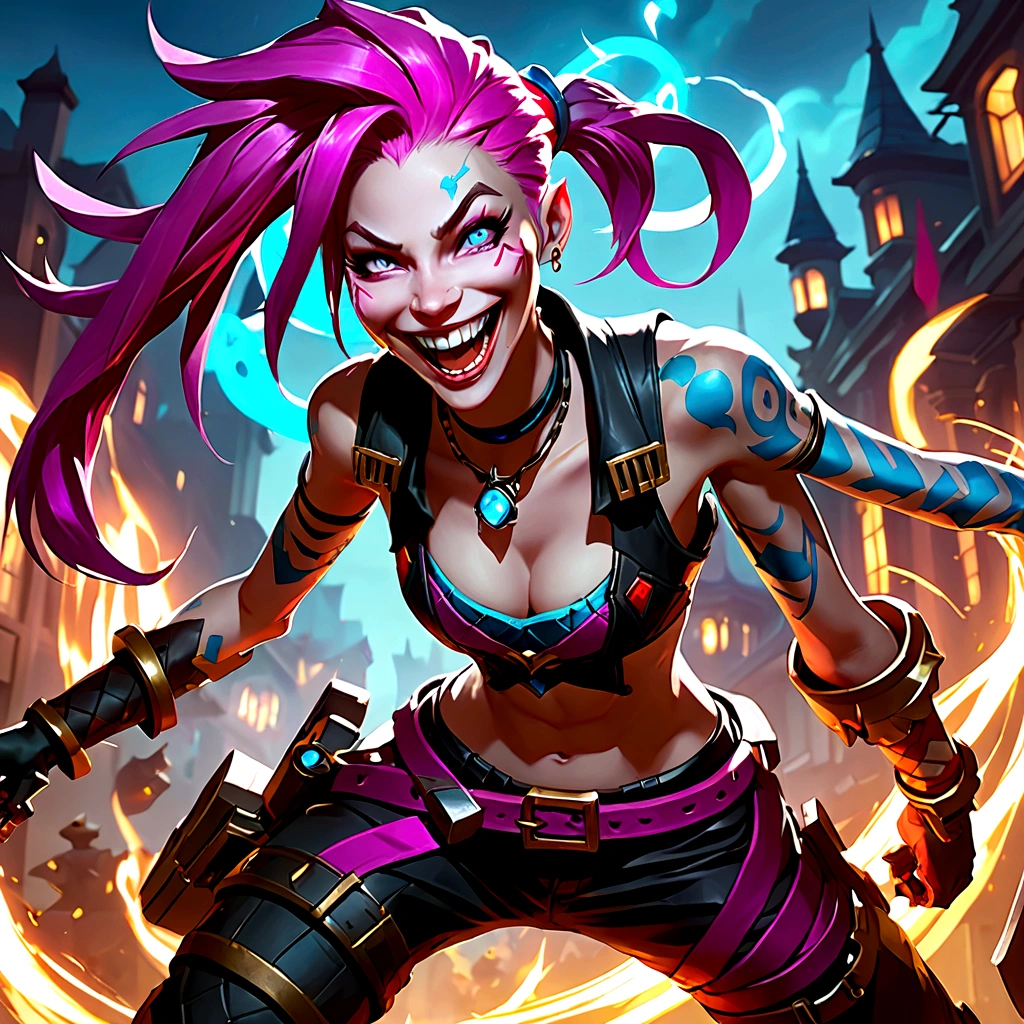 Jinx from league of legends in an action pose with a maniacal grin