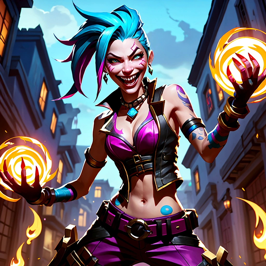 Jinx from league of legends in an action pose with a maniacal grin