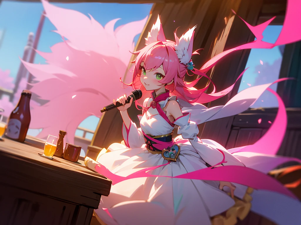 kitsune idol in a tavern, foxgirl, pink fox ears, pink fox tails, pink hair, green eyes, light blue idol dress, tavern background, high quality, masterpiece