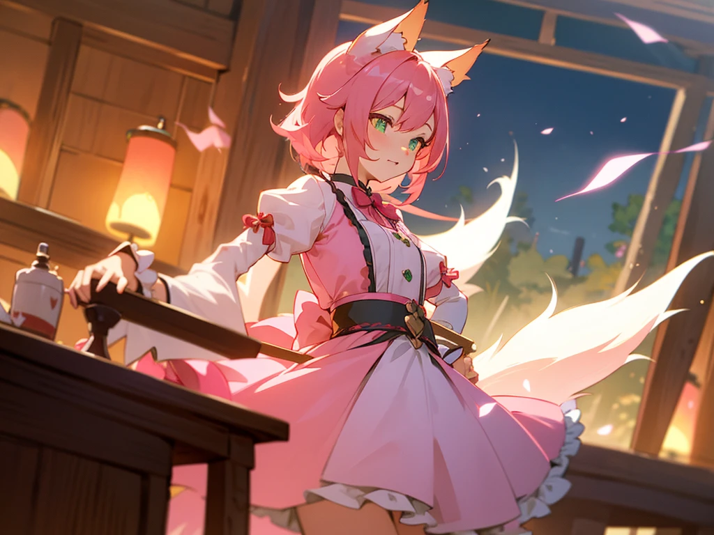 kitsune idol in a tavern, foxgirl, pink fox ears, pink fox tails, pink hair, green eyes, light blue idol dress, tavern background, high quality, masterpiece