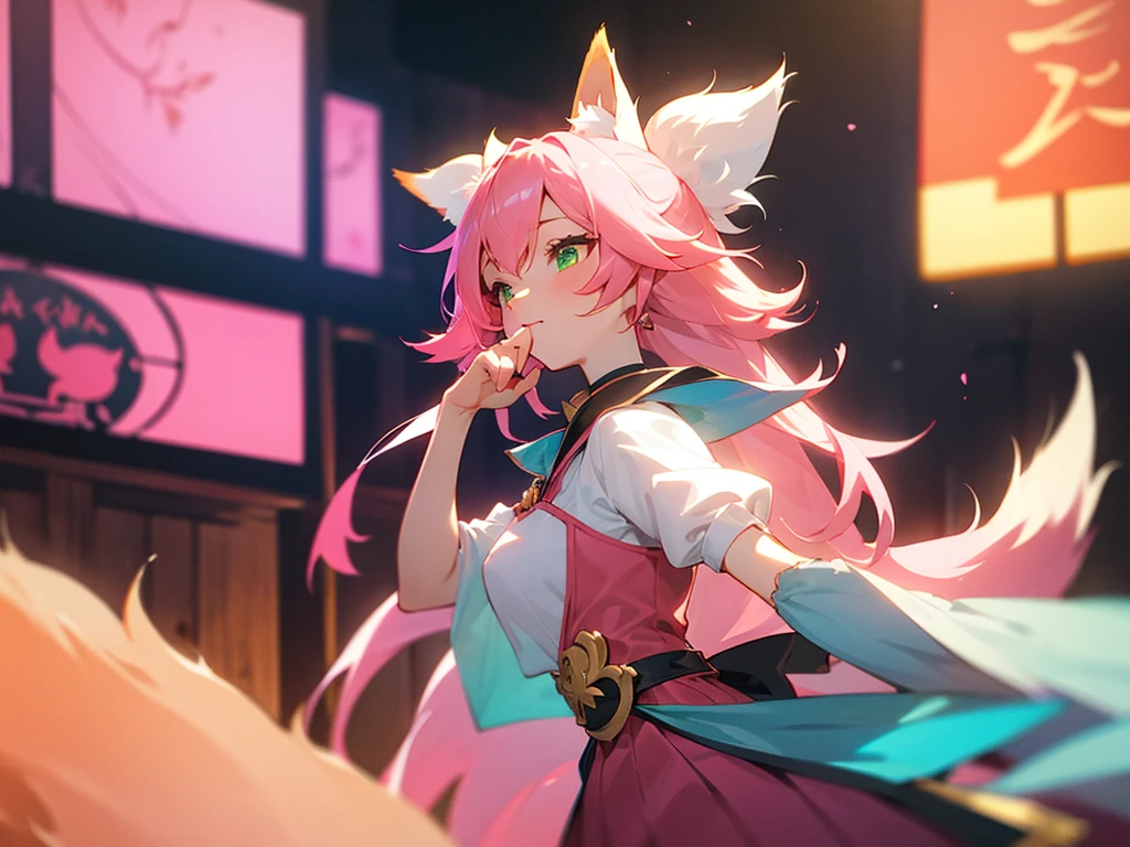 kitsune idol in a tavern, foxgirl, pink fox ears, pink fox tails, pink hair, green eyes, light blue idol dress, tavern background, high quality, masterpiece