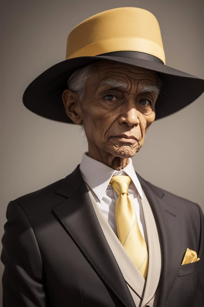 old thin humanoid with wrinkled face and blooming yellow reptilian eyes, black suit hat and tie.