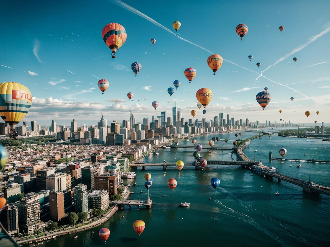 balloons floating in the air over a city with a view of a city, baloons, balloons, balloons, floating in the air, flying in the air over city, happy birthday, floating in air, balloon, flying over a city, detailed conceptual photography, soaring above a dense city, point of view : up, photo still, beeple. hyperrealism