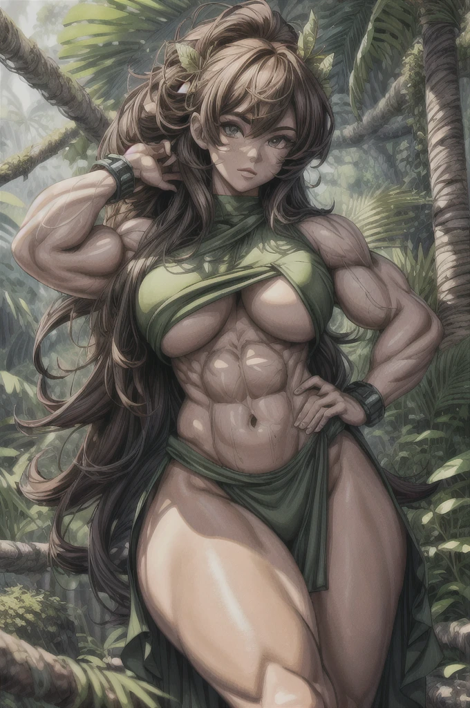 128K Ultra High Definition, 128K Ultra High Quality, 128K Ultra High Resolution, Best Definition, Best Quality, Best Resolution, Extremely Detailed, Extremely Designed, Perfectly Detailed, Perfectly Designed, Hyper Detailed, Hyper Definition, Hyper Quality, Hyper Resolution, Masterpiece, Anime,a muscular ancient woman, detailed face, beautiful detailed eyes,muscular girl, big body, muscular:1.7, strong, jungle theme, (best quality,4k,8k,highres,masterpiece:1.2),ultra-detailed,(realistic,photorealistic,photo-realistic:1.37),detailed eyes,detailed lips,extremely detailed face and body,longeyelashes,powerful expression,wild jungle background,lush foliage,vines,tropical plants,natural lighting,warm color tones,body shot