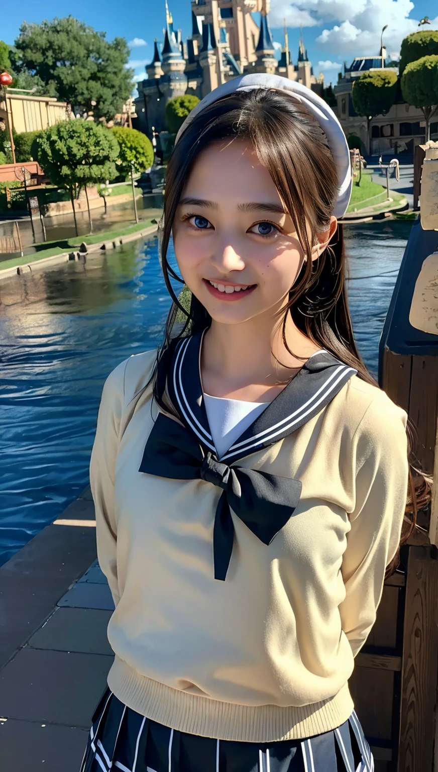 (((cowboy shot))),Ultra-high resolution,big eyes,((brown eyes)),Japanese,(forehead),(a girl),(1 girl),((17 years old)),(cute),pretty,((facing at viewer)),arms behind back,grin,(((black school sailor uniform))),pleated skirt,(((disney land))),((cloudy weather))