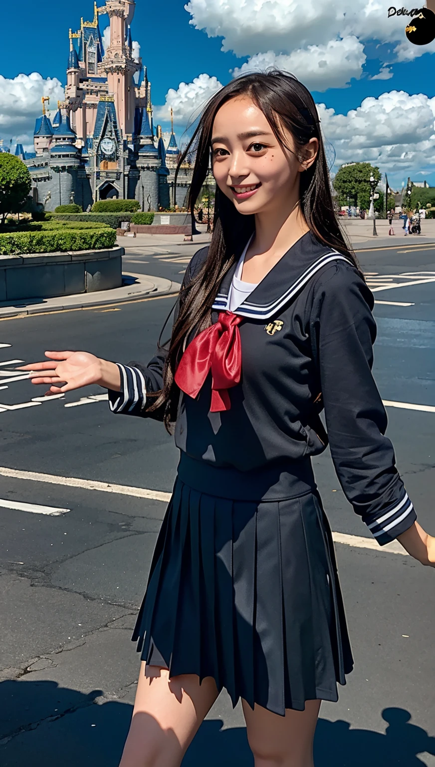 (((cowboy shot))),Ultra-high resolution,big eyes,((brown eyes)),Japanese,(forehead),(a girl),(1 girl),((17 years old)),(cute),pretty,((facing at viewer)),arms behind back,grin,(((black school sailor uniform))),pleated skirt,(((disney land))),((cloudy weather))