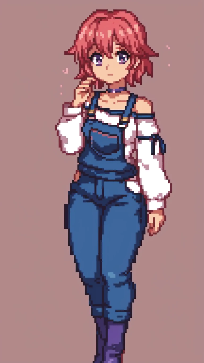 , sad, farm backround, Full body, looking at viewer, 1girl, solo, short pink hair, (dark blue choker), (dark blue denim overalls), (purple eyes), (pink boots), (white shoulder lantern sleeve blouse, tucked in pants