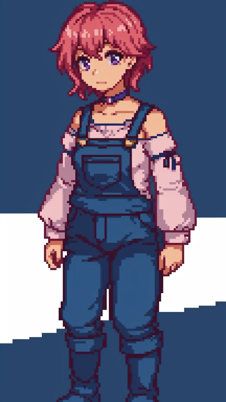 , sad, farm backround, Full body, looking at viewer, 1girl, solo, short pink hair, (dark blue choker), (dark blue denim overalls), (purple eyes), (pink boots), (white shoulder lantern sleeve blouse, tucked in pants
