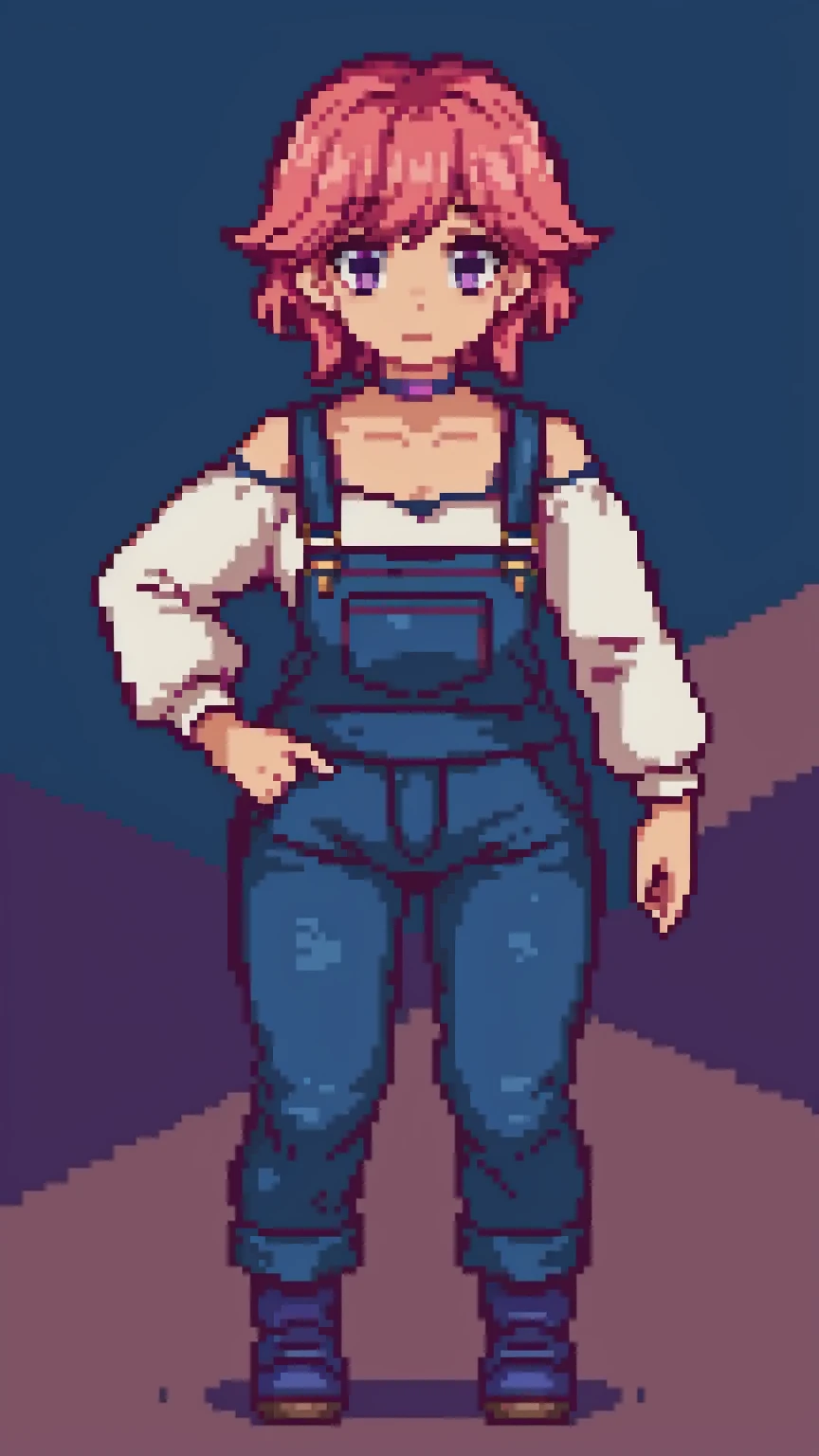 , sad, farm backround, Full body, looking at viewer, 1girl, solo, short pink hair, (dark blue choker), (dark blue denim overalls), (purple eyes), (pink boots), (white shoulder lantern sleeve blouse, tucked in pants