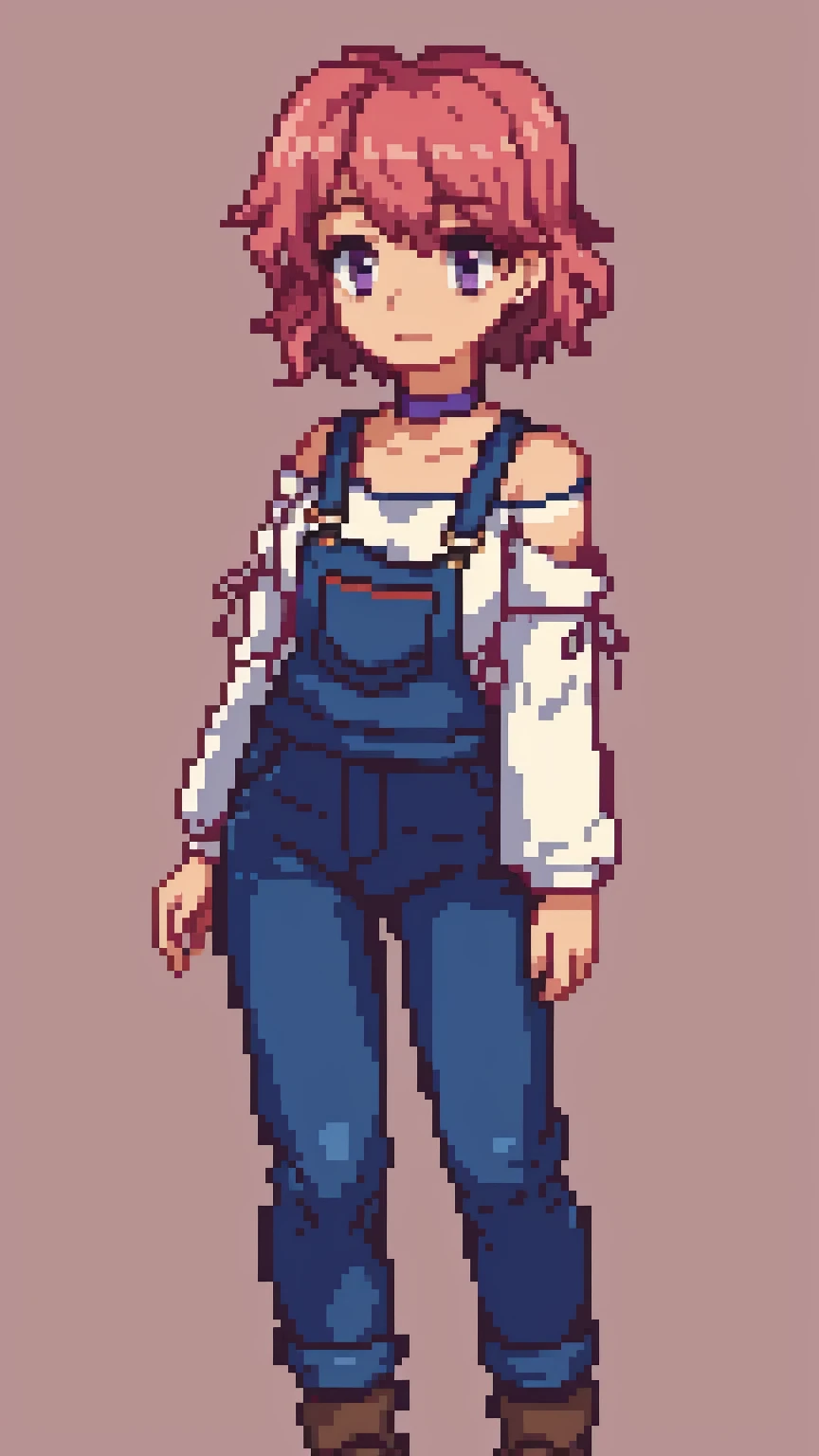 , sad, farm backround, Full body, looking at viewer, 1girl, solo, short pink hair, (dark blue choker), (dark blue denim overalls), (purple eyes), (pink boots), (white shoulder lantern sleeve blouse, tucked in pants